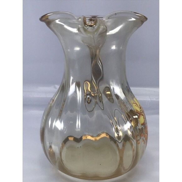 VTG Floral Painted Yellow Glass Pitcher Gold Trim 7.25" - Picture 3 of 12